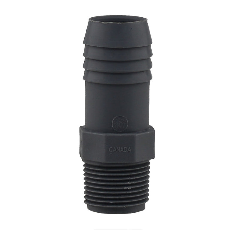 Emery Jensen nylon insert fitting with 3/4x1 inch threaded adapter for versatile plumbing or repair applications.