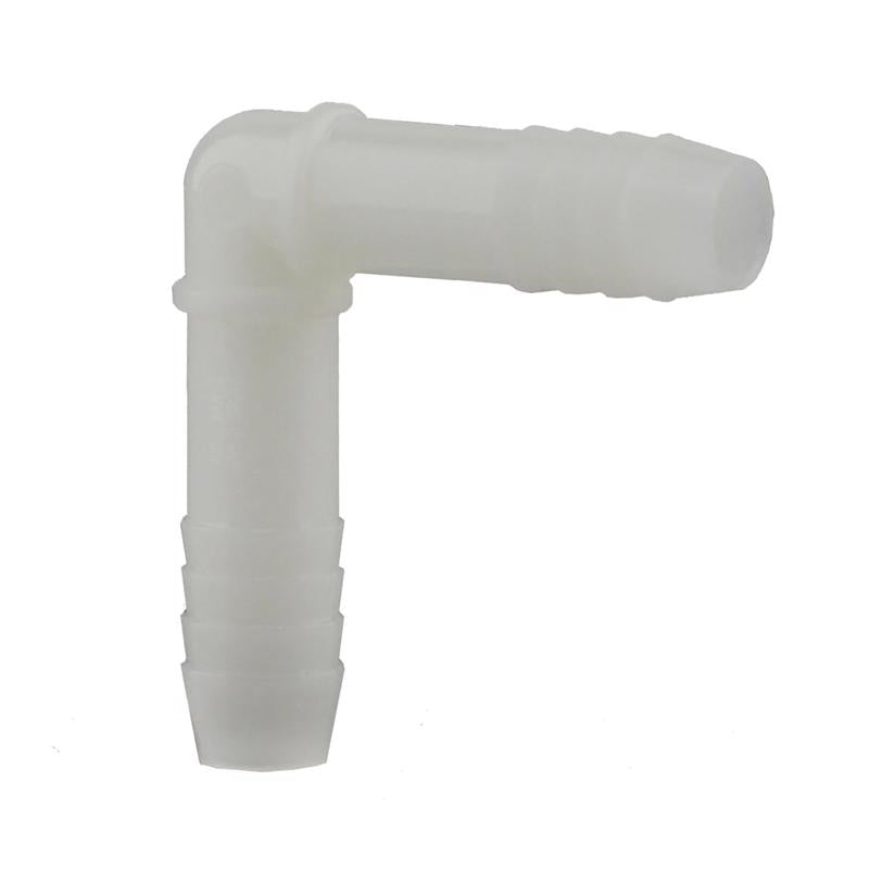Emery Jensen 90-degree nylon elbow fitting with 1/2-inch PLXPL insert threads, used in plumbing and piping systems.