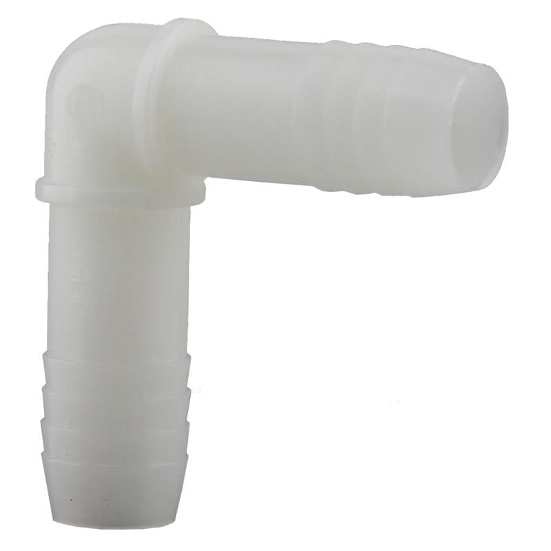 Nylon 90-degree elbow fitting from Emery Jensen, 3/4-inch size, for insert threading and plumbing connections.