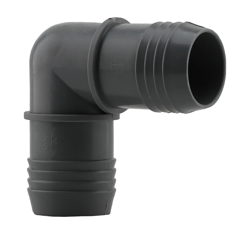 Nylon elbow insert fitting with 1-1/2 inch threaded end for plumbing or pipe connection by Emery Jensen.