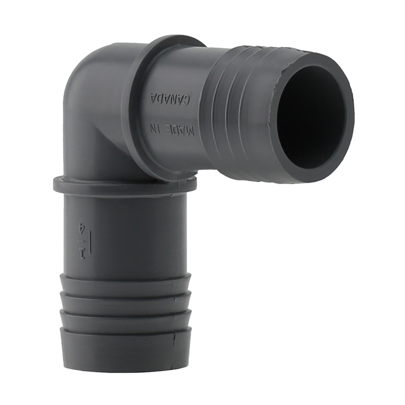 Nylon elbow insert fitting with 1-1/4 inch threaded connection, designed for plumbing or pipe installation by Emery Jensen