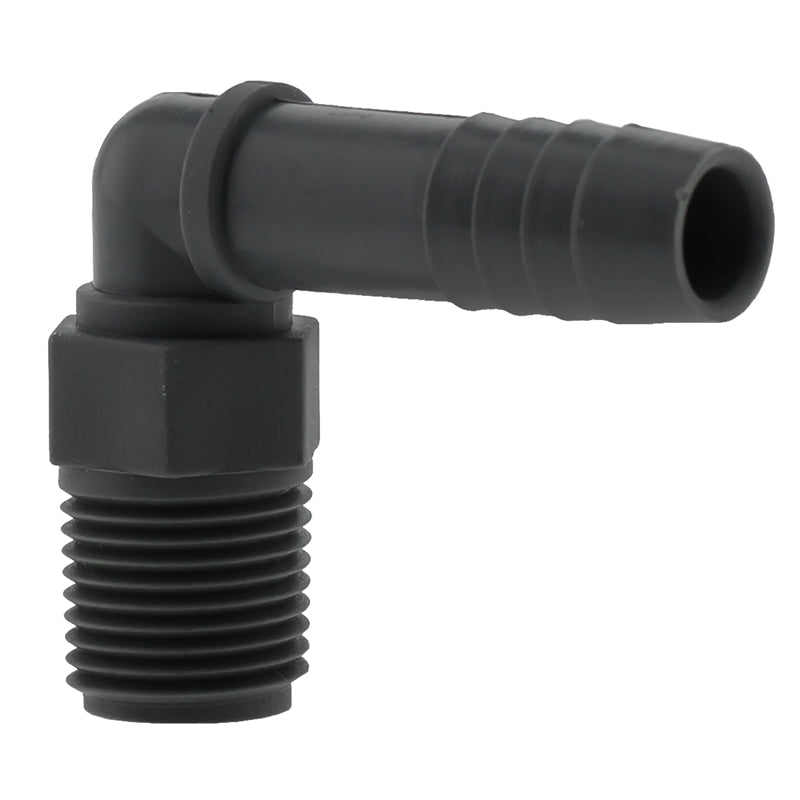Nylon elbow insert fitting with 1/2 MPT threading by Emery Jensen, used for plumbing and pipe connection applications.