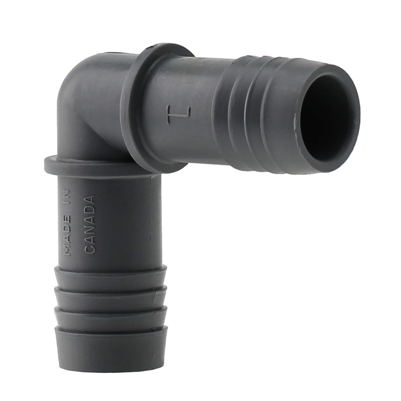 Nylon elbow insert with threaded fittings by Emery Jensen, 1-inch size, used for pipe or conduit connections.