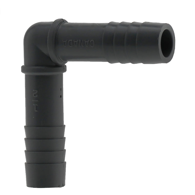 Black nylon elbow insert fitting with 1/2-inch threaded connection for plumbing or pipe repair by Emery Jensen.