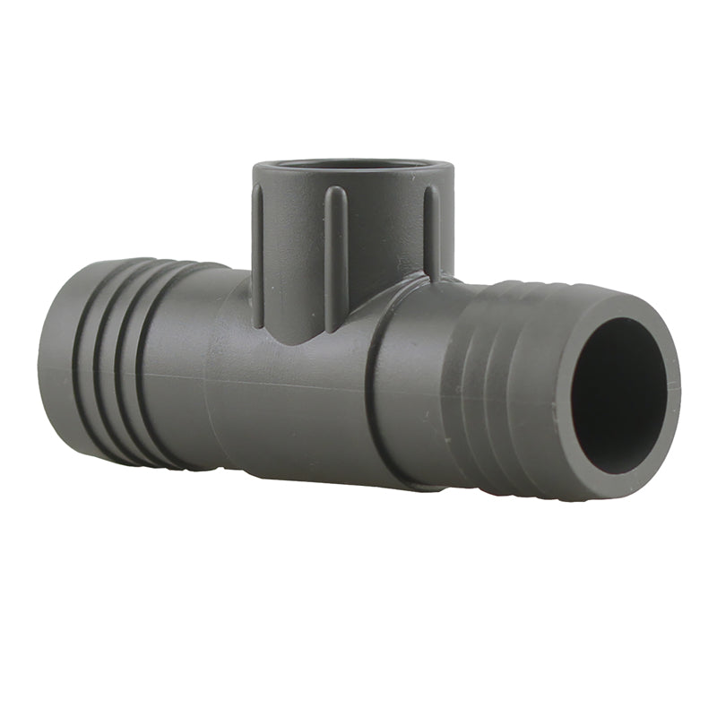 Emery Jensen nylon tee fitting with 1-1/4 inch male to 3/4 inch female threaded connection, suitable for plumbing or irrigation.