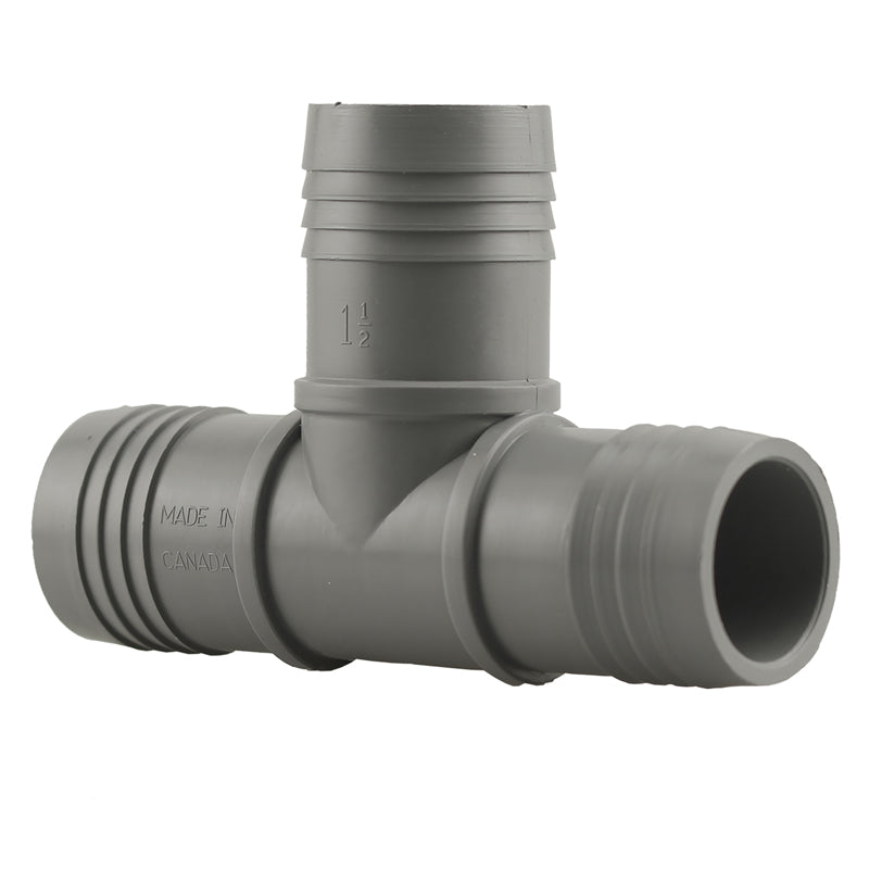 Nylon tee insert with 1-1/2 inch threads, designed for plumbing applications, by Emery Jensen, showing the threaded nylon fitting.