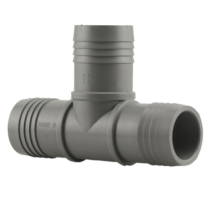 Nylon tee insert with 1-1/2 inch threads, designed for plumbing applications, by Emery Jensen, showing the threaded nylon fitting.