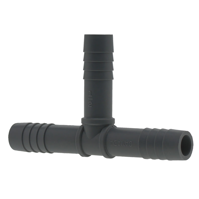 Nylon tee insert with threaded connection from Emery Jensen, 1/2 inch poly pipe fitting for plumbing or irrigation systems.