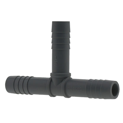 Nylon tee insert with threaded connection from Emery Jensen, 1/2 inch poly pipe fitting for plumbing or irrigation systems.