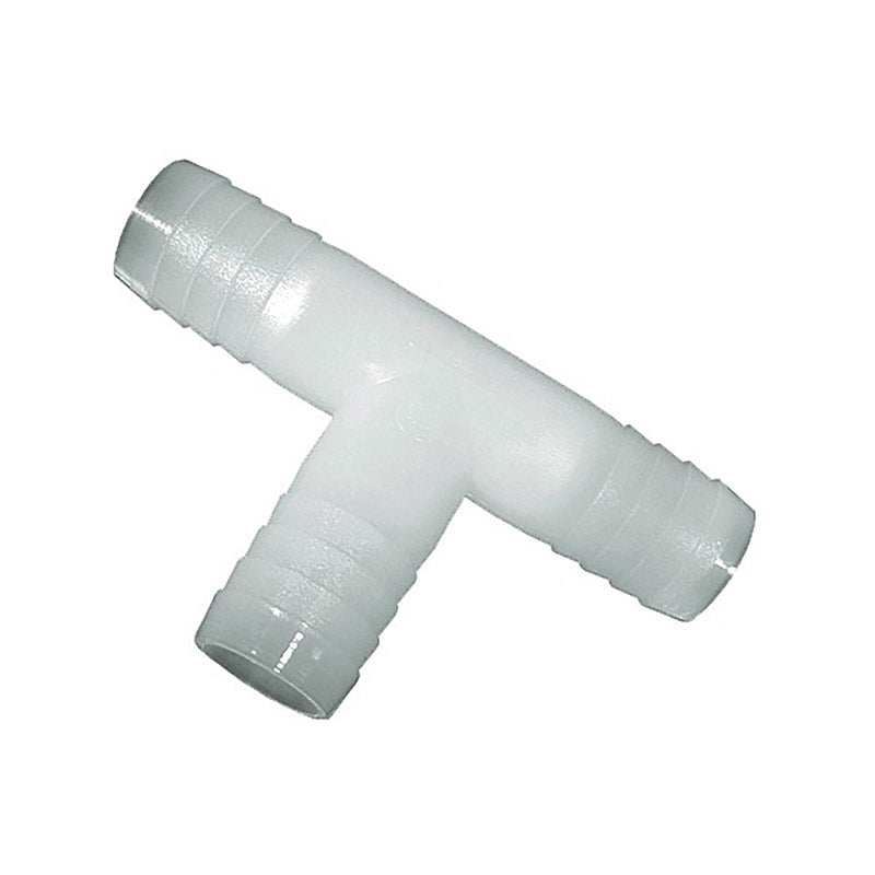 Emery Jensen nylon TEE insert fittings with 1/8-inch barb, pack of 5, used for plumbing or irrigation connections.