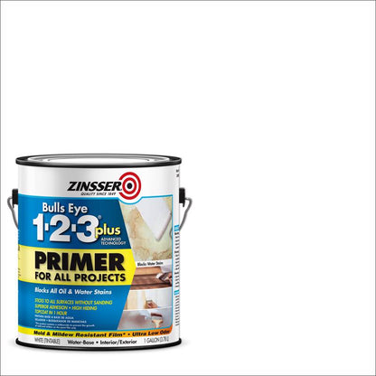 Two cans of Emery Jensen Bulls Eye 123 Plus GL interior and exterior primer, ideal for surface preparation and sealing.