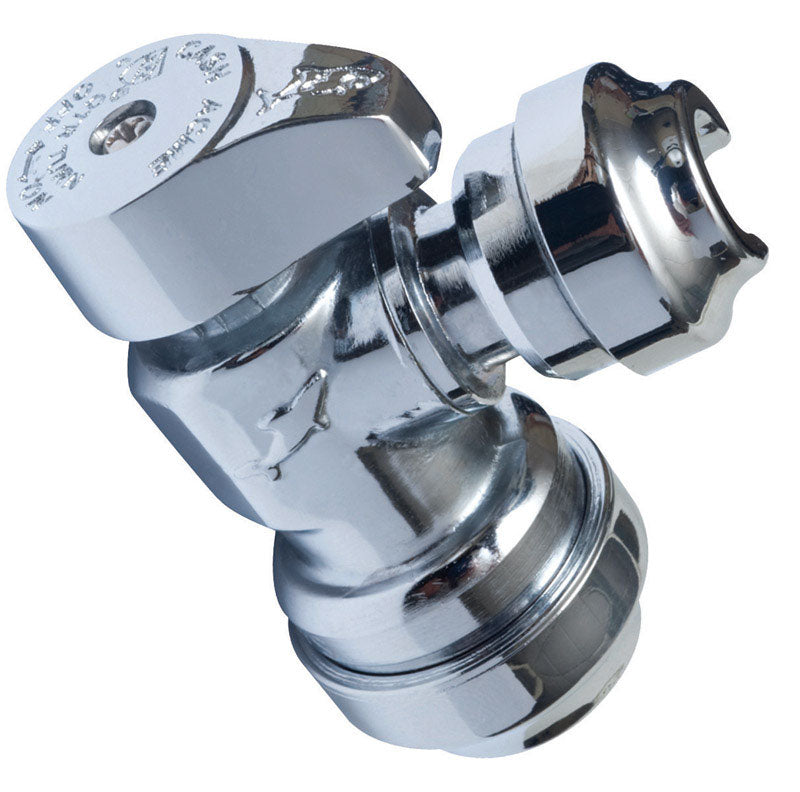 Emery Jensen stainless steel angle valve 1/2 inch by 1/4 inch, IPS push fittings tool for plumbing applications.