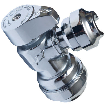 Emery Jensen stainless steel angle valve 1/2 inch by 1/4 inch, IPS push fittings tool for plumbing applications.