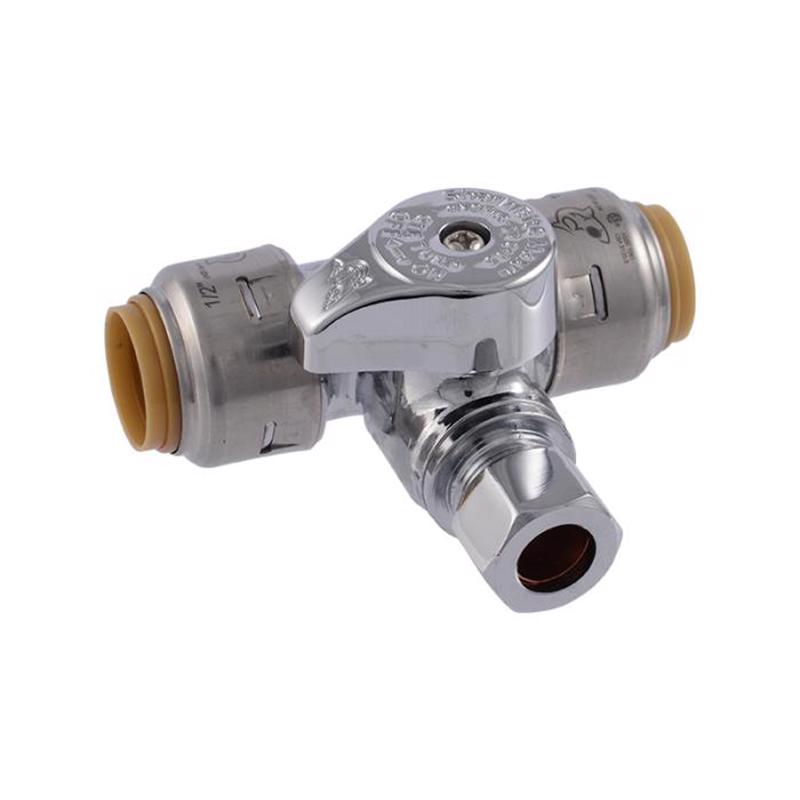 Emery Jensen IPS push fittings tools in 1/2" x 1/2" x 3/8" size, showing metal fittings and installation components.