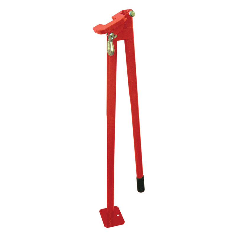 Red 36-inch post puller jack by Emery Jensen, designed for farm and commercial use, shown in a close-up view.