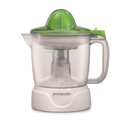 Emery Jensen white plastic juice extractor with 34 oz capacity, shown with juicing components and clear lid.