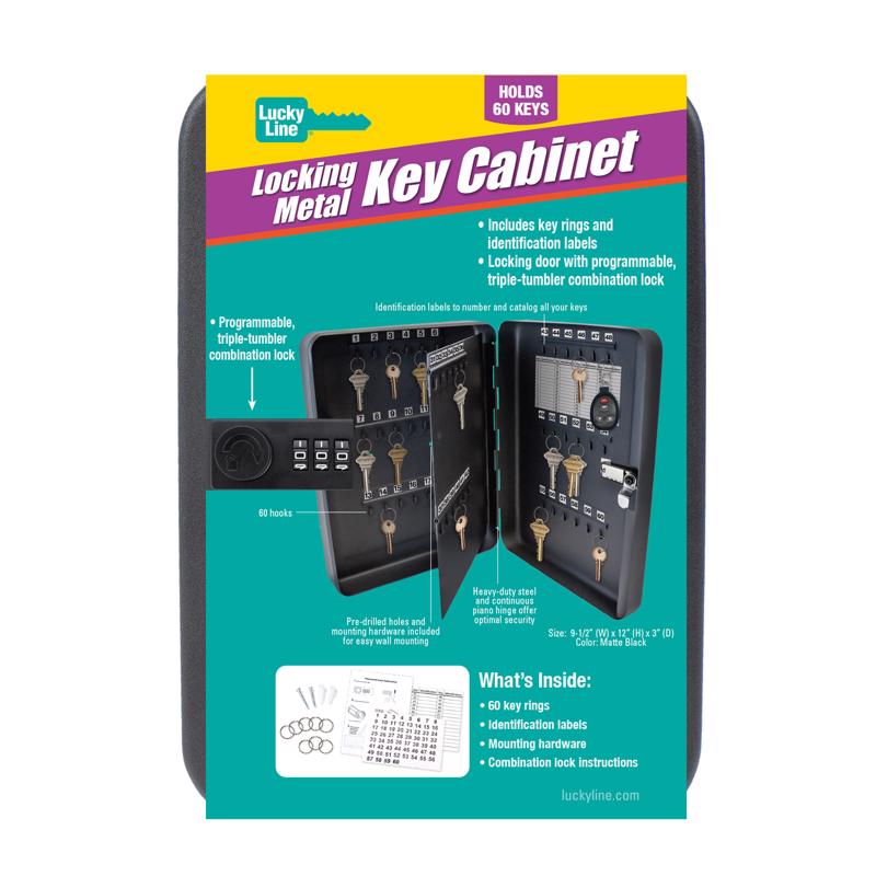 Emery Jensen black steel key cabinet with 60 hooks for organizing keys and small items in a secure storage solution.