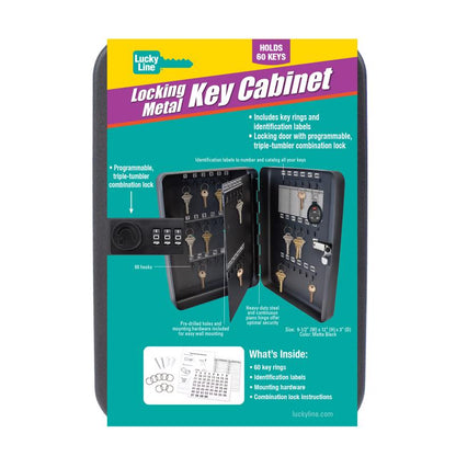 Emery Jensen black steel key cabinet with 60 hooks for organizing keys and small items in a secure storage solution.