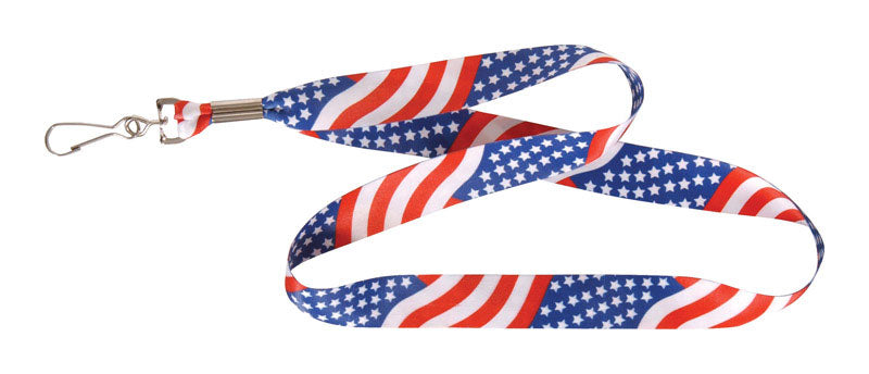 Emery Jensen USA flag lanyard key holder with patriotic red, white, and blue design and metal key ring attachment.