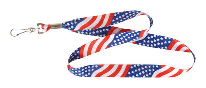 Emery Jensen USA flag lanyard key holder with patriotic red, white, and blue design and metal key ring attachment.