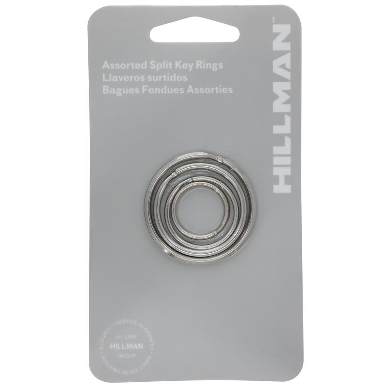 Assorted sizes split key rings by Emery Jensen, showing various metal key rings in different sizes and finishes.