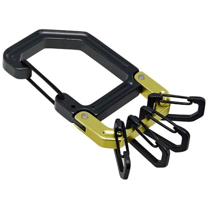Black and green aluminum carabiner key ring by Emery Jensen, featuring a sturdy metal clip for attaching keys and accessories.