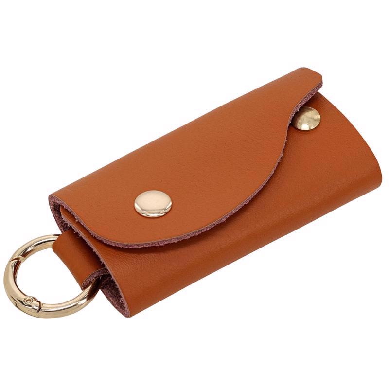 Emery Jensen brown keychain card holder attached to a key ring, designed to hold ID cards or access cards.