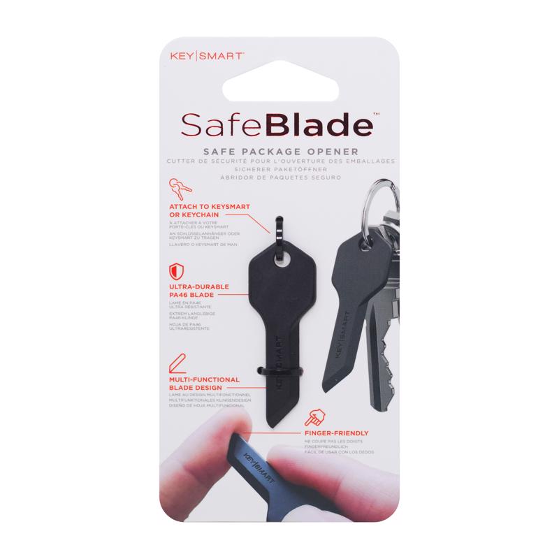 Black plastic keychain knife from Emery Jensen key rings, featuring a compact blade and durable keyring attachment.