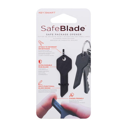 Black plastic keychain knife from Emery Jensen key rings, featuring a compact blade and durable keyring attachment.