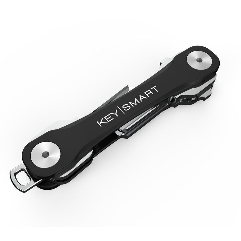 Emery Jensen KeySmart black key holder with multiple key rings organized for easy access and compact storage.