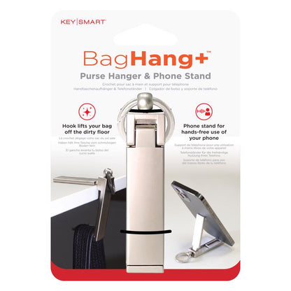 Emery Jensen silver phone stand key ring with 3.5-inch length, featuring a sleek metal design and sturdy key ring attachment.