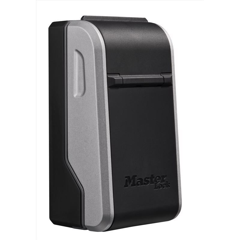 Emery Jensen black wall mount lock box key safe with secure lock and compact design for outdoor key storage.