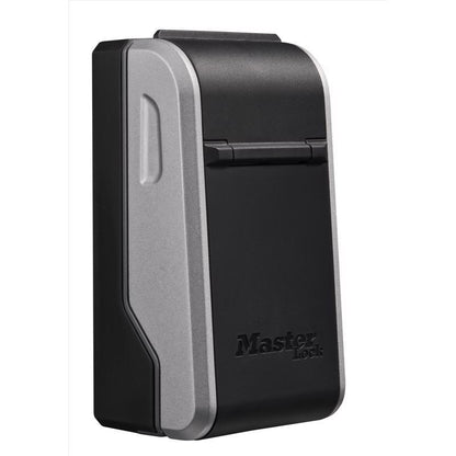 Emery Jensen black wall mount lock box key safe with secure lock and compact design for outdoor key storage.