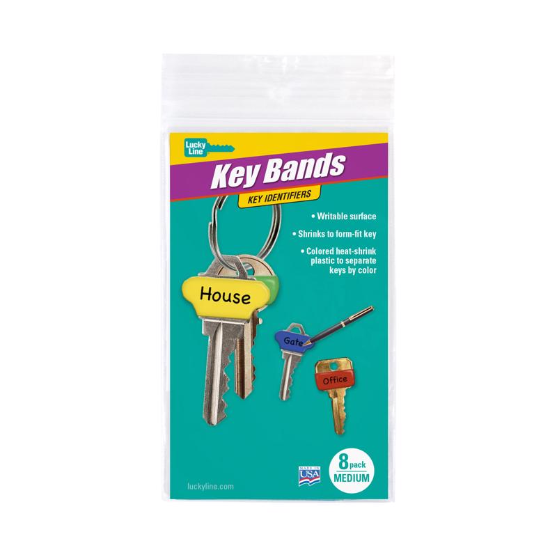 Set of eight Emery Jensen Key ID Sleeves in medium size, designed to protect and identify key tags effectively.