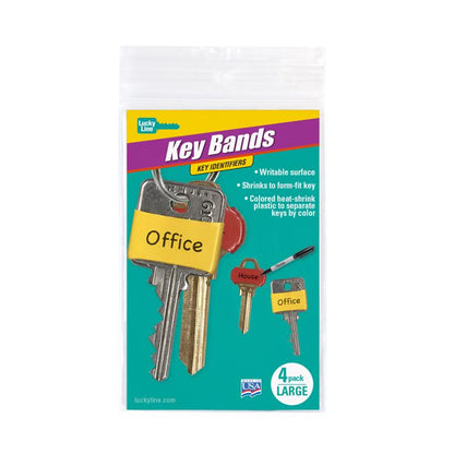 Set of four large Emery Jensen key ID sleeves, clear plastic key tags for organizing keys and identification.