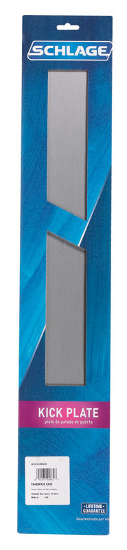 Aluminum kick plate measuring 6x30 inches from Emery Jensen, designed to protect door bottoms from scuffs and damage.