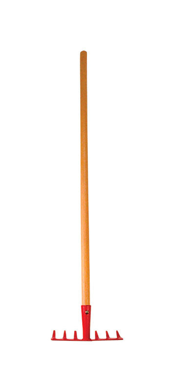 Kids garden tools Emery Jensen Bow Rake 30 with bright plastic handle and sturdy metal tines for outdoor play and gardening.