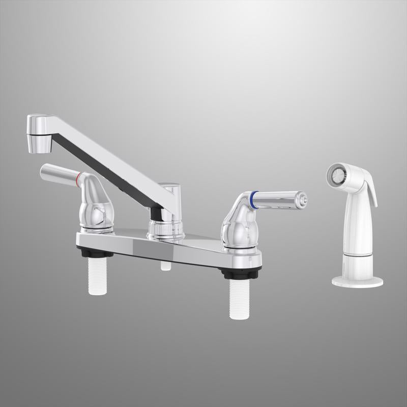 Emery Jensen kitchen faucet with two-handle spray and chrome finish, mounted on a kitchen sink.