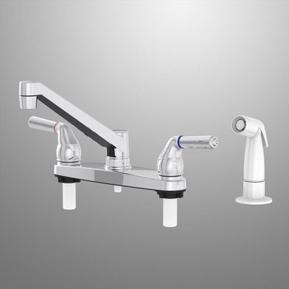 Emery Jensen kitchen faucet with two-handle spray and chrome finish, mounted on a kitchen sink.