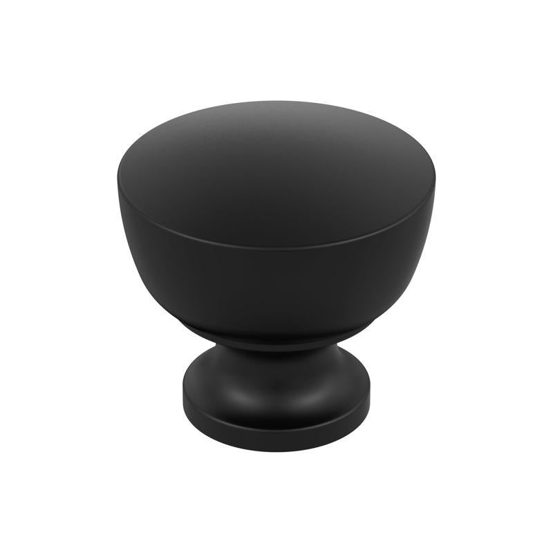 Black Emery Jensen CBNT KNB knob with 1-1/8 inch diameter, featuring a sleek, round design for cabinet or furniture use.