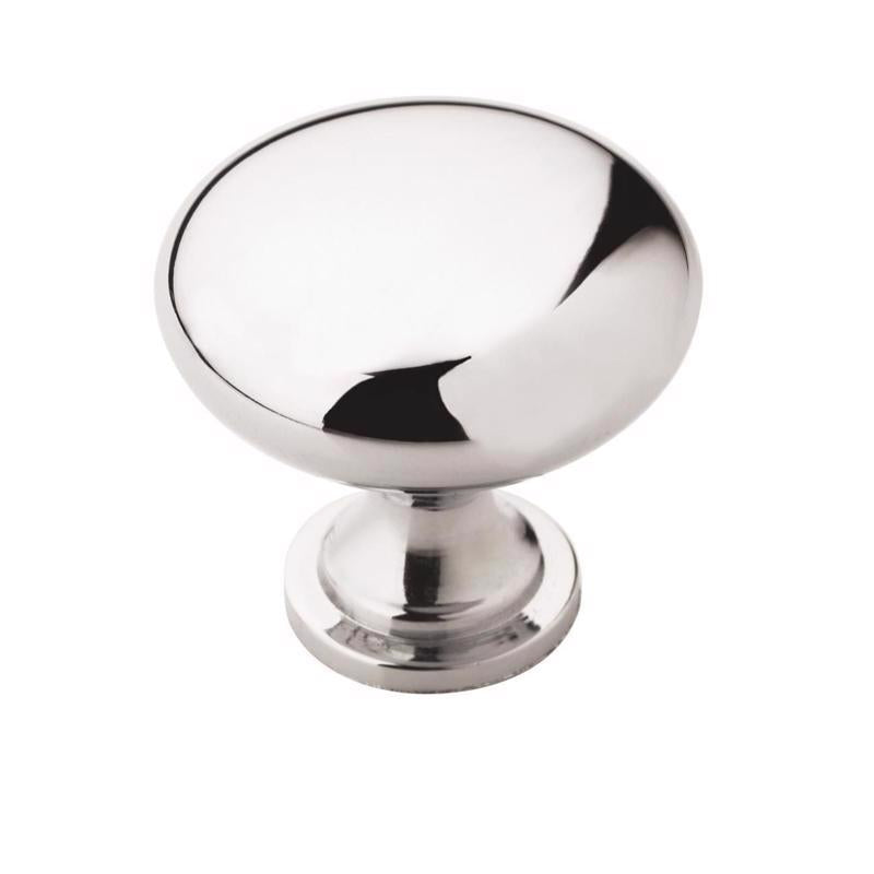 Emery Jensen CBNT KNB PLSD chrome 1.18-inch knob, showcasing a sleek, shiny finish and ergonomic design for cabinetry.