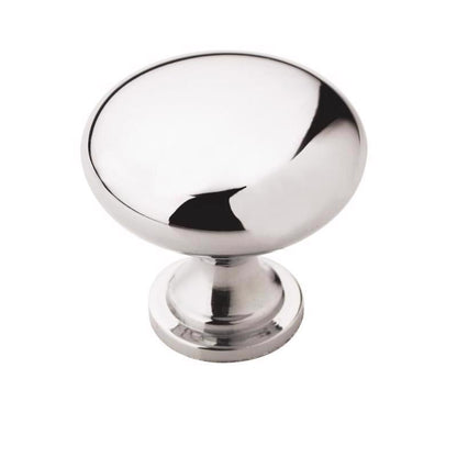 Emery Jensen CBNT KNB PLSD Chrome 1.18-inch knob showing a shiny metal finish and round shape for furniture or cabinetry.