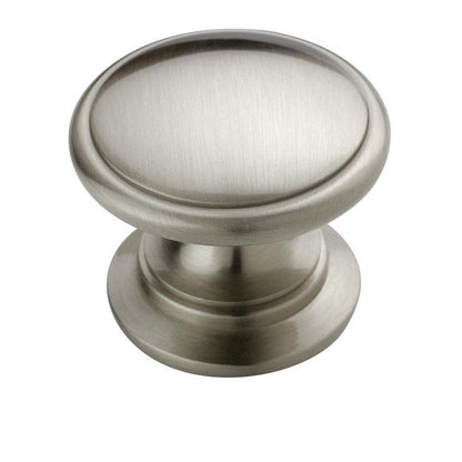 Emery Jensen brushed nickel knob, 1-1/4 inch diameter, for furniture or cabinets, featuring a sleek, modern design.