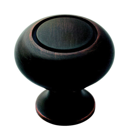 Set of 10 Emery Jensen 1-1/4 inch oil-rubbed bronze cabinet knobs showing round design and mounting hardware