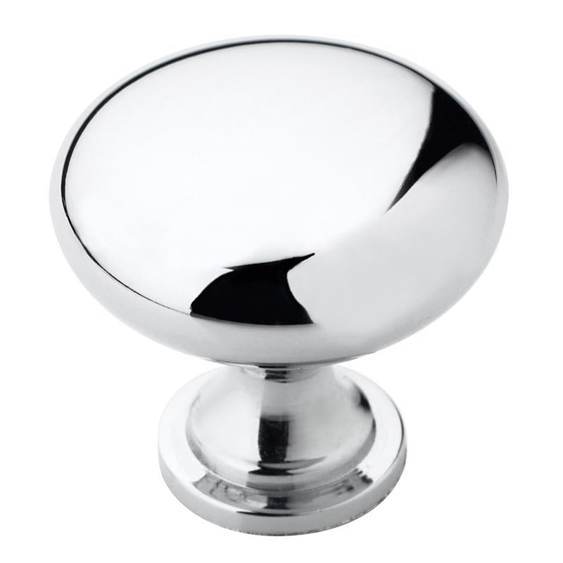 Emery Jensen 1-1/4-inch polished chrome knob for cabinets and furniture, showing its smooth, shiny surface and round shape.
