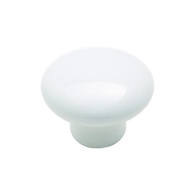 Round 1.25-inch white ceramic knob by Emery Jensen, decorative drawer or cabinet handle with smooth finish.