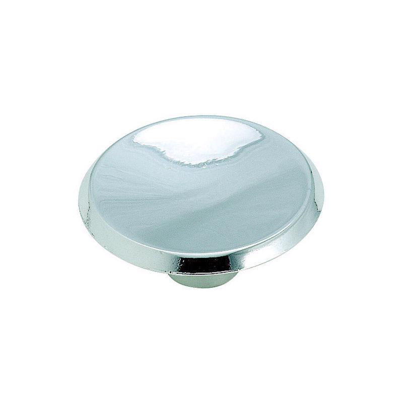 Modern bright chrome knob by Emery Jensen, showcasing a sleek, shiny metal finish perfect for contemporary furniture.