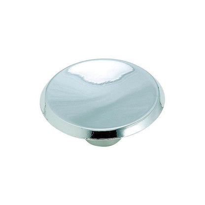 Modern bright chrome knob by Emery Jensen, showing its sleek round design and shiny reflective surface.