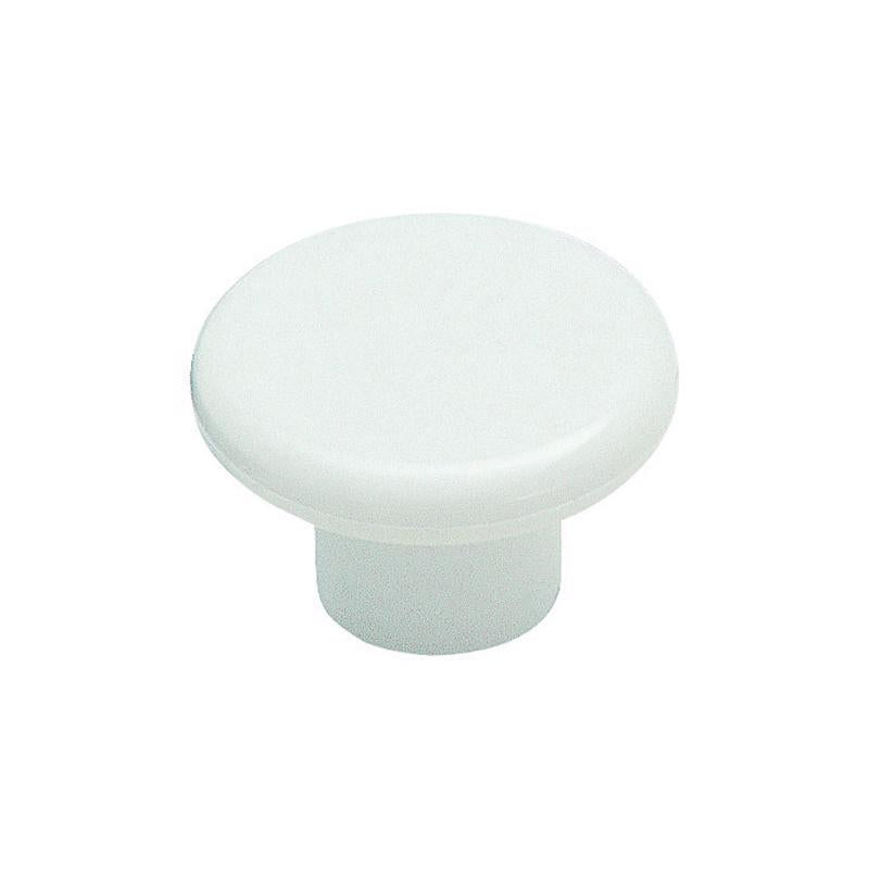 White plastic knob for furniture, 1-1/4-inch size, from Emery Jensen, shown on a plain background with a smooth finish.