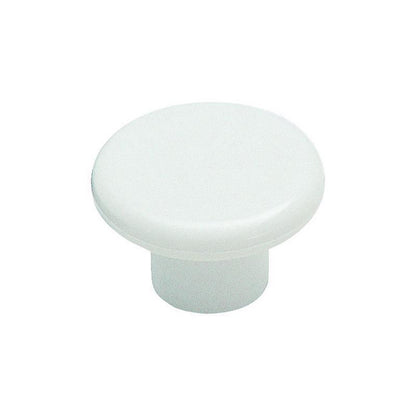 White plastic knob from Emery Jensen, 1-1/4 inch size, used for cabinetry or furniture.